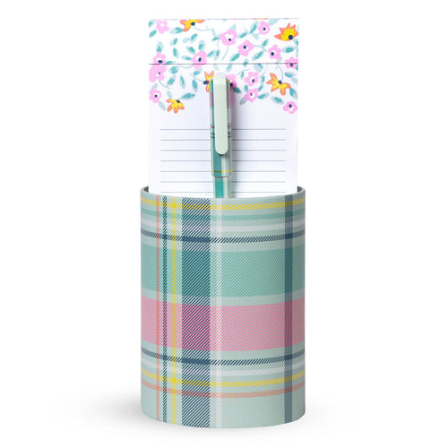 Pastel Plaid Pen Cup and Notepad Set