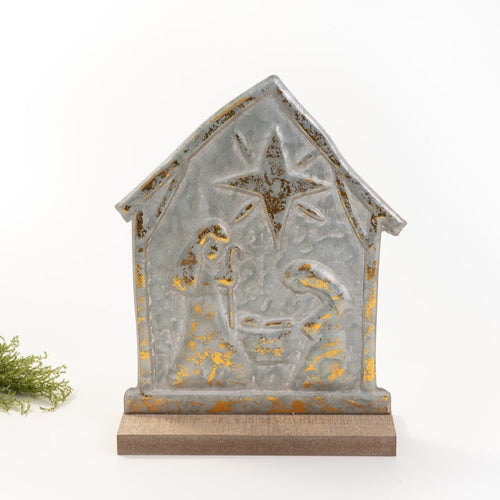 Holy Family in Creche Stamped Metal Table Decor