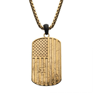 Polished Gold IP Rugged American Flag Pendant on Gold IP Box Chain