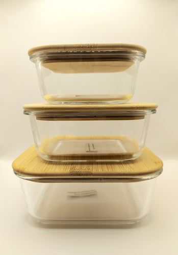 Square Glass Containers with Bamboo Lids, Set of 3
