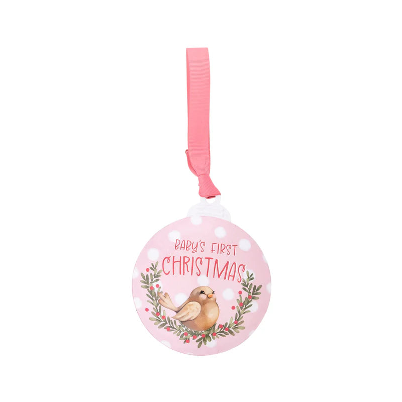 Metal Ornament: Babys First Christmas (Pink)