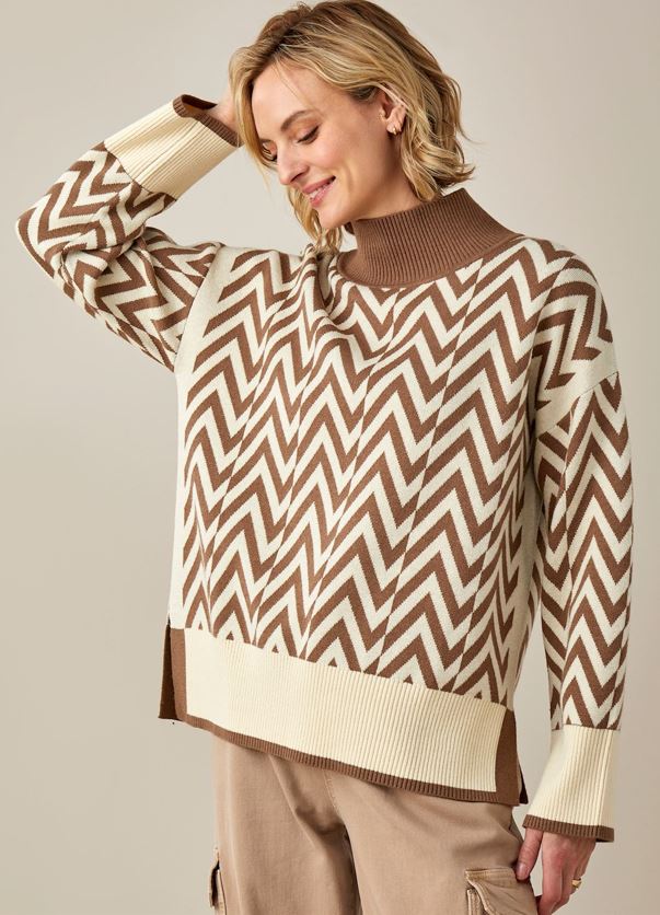 Geometric Jacquard Sweater- Brown