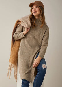 Knee Length Tunic Sweater- Heather Brown