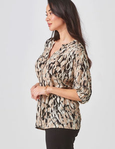 Button Front Print Shirt, Black & Beige