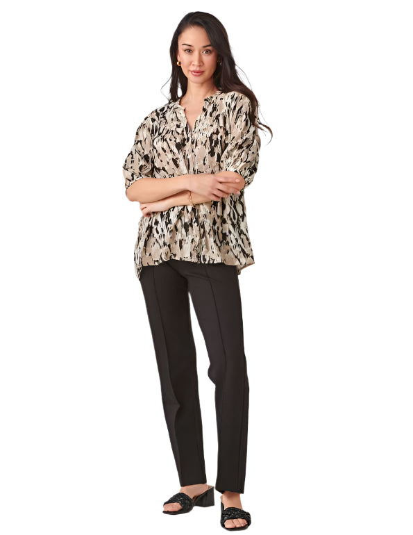 Button Front Print Shirt, Black & Beige