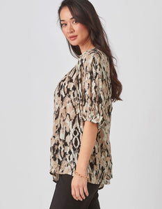 Button Front Print Shirt, Black & Beige