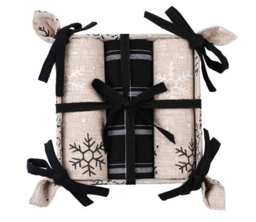 4 piece Neutral Snowflake Tea Towel & Basket Set
