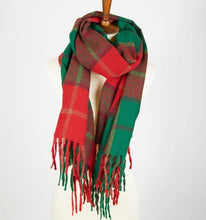 Load image into Gallery viewer, Kylie Windowpane Red Plaid Fringe Scarf