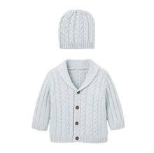Load image into Gallery viewer, Pale Blue Horseshoe Cable Knit Cardigan &amp; Hat Baby Boxed Gift Set