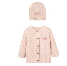 Load image into Gallery viewer, Pale Pink Horseshoe Cable Knit Cardigan &amp; Hat Baby Boxed Gift Set