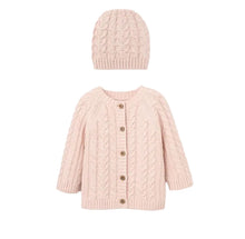 Load image into Gallery viewer, Pale Pink Horseshoe Cable Knit Cardigan &amp; Hat Baby Boxed Gift Set