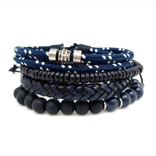 Blue Woven Navy and Black Beads Men's Bracelet Set