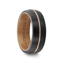 Load image into Gallery viewer, Chordal Black Tungsten with Brass Guitar String and Whiskey Barrel Inner Sleeve Wedding Ring