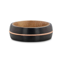 Load image into Gallery viewer, Chordal Black Tungsten with Brass Guitar String and Whiskey Barrel Inner Sleeve Wedding Ring