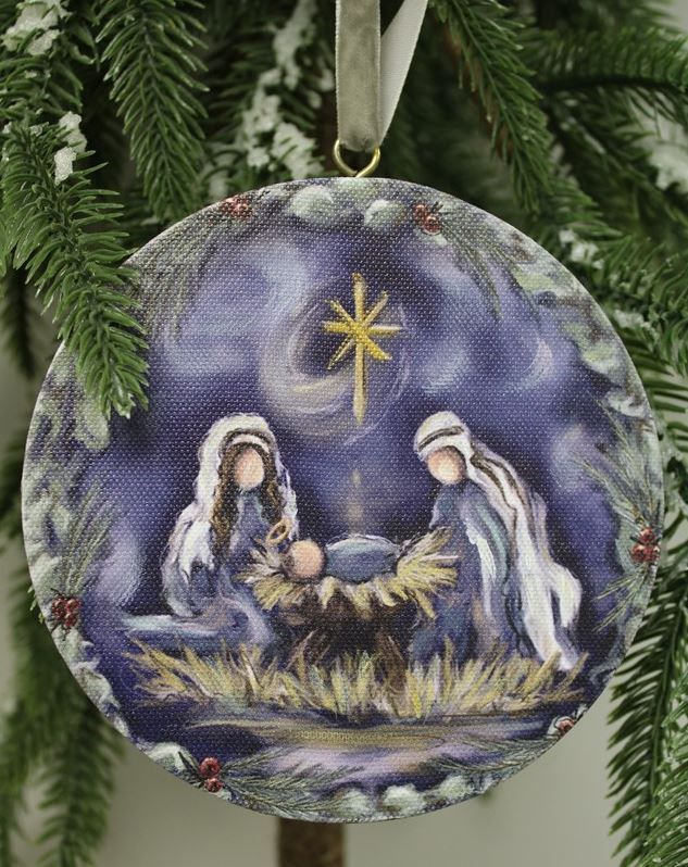 Round Holy Family Midnight Sky Canvas LED Ornament