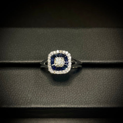White Gold Diamond Ring with Sapphire Accent