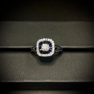 White Gold Diamond Ring with Sapphire Accent