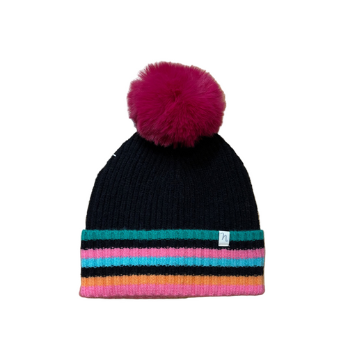 Color Stripe Winter Pom Hat - Black