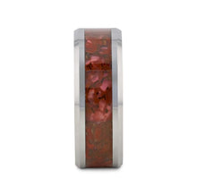 Load image into Gallery viewer, Jurassic Red Dinosaur Bone Inlaid Tungsten Carbide Beveled Edged Ring
