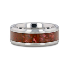 Load image into Gallery viewer, Jurassic Red Dinosaur Bone Inlaid Tungsten Carbide Beveled Edged Ring