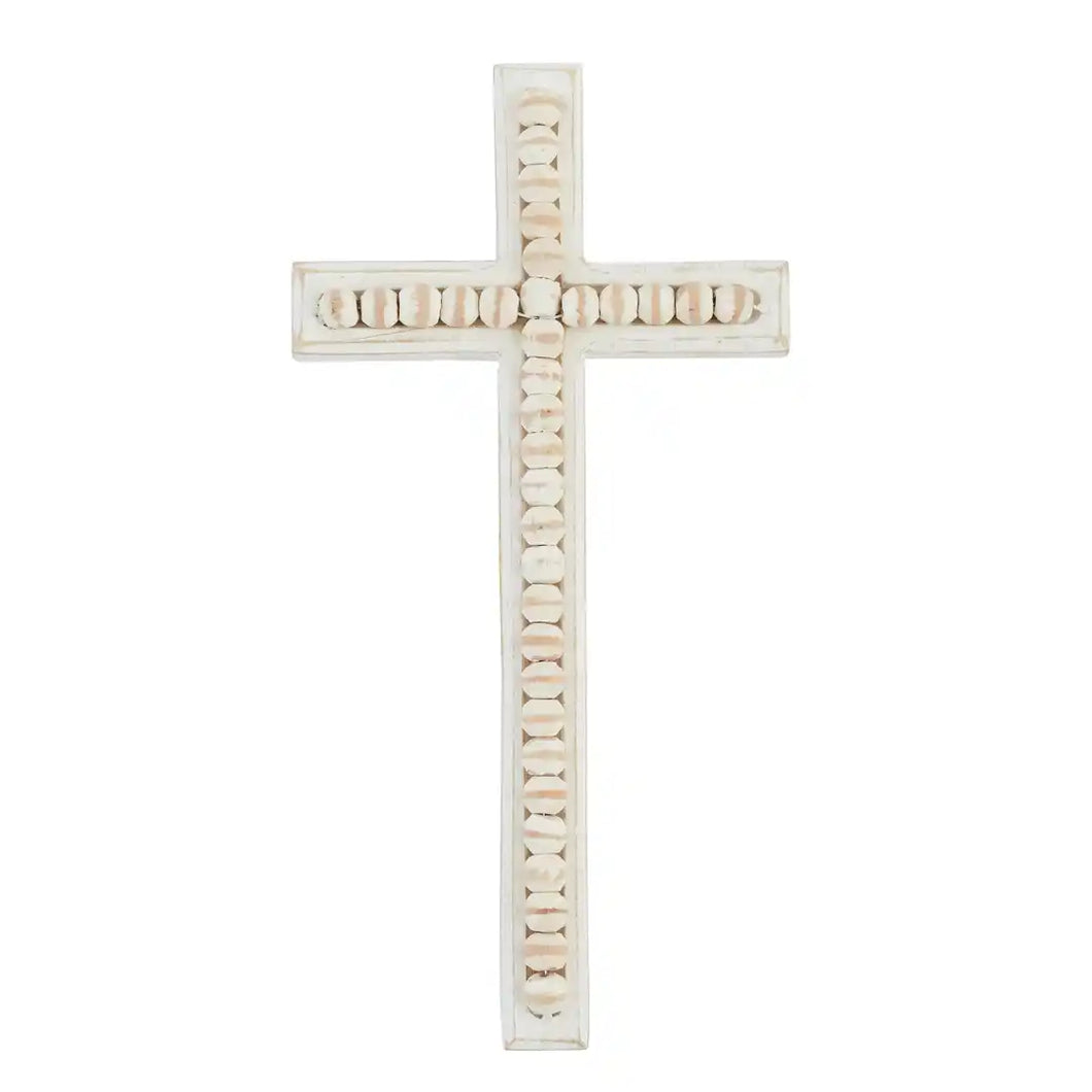 Large White Beaded Wood Cross