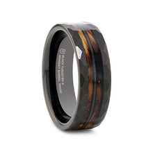 Load image into Gallery viewer, Riff Black Tungsten with Charred Whiskey Barrel and Guitar String Wedding Ring