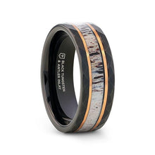 Load image into Gallery viewer, Rustic Black Tungsten Rose Hammered Ring with Antler Inlay Wedding Ring