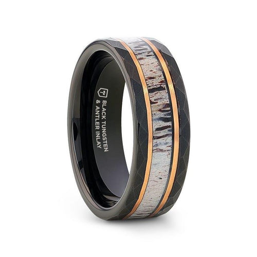 RUSTIC Black Tungsten Rose Hammered Ring with Antler Inlay Wedding Ring