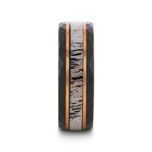 Load image into Gallery viewer, Rustic Black Tungsten Rose Hammered Ring with Antler Inlay Wedding Ring