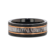 Load image into Gallery viewer, Rustic Black Tungsten Rose Hammered Ring with Antler Inlay Wedding Ring