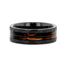 Load image into Gallery viewer, Riff Black Tungsten with Charred Whiskey Barrel and Guitar String Wedding Ring