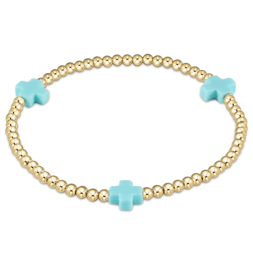 Signature Cross Gold Pattern 3mm Bead Bracelet-Turquoise