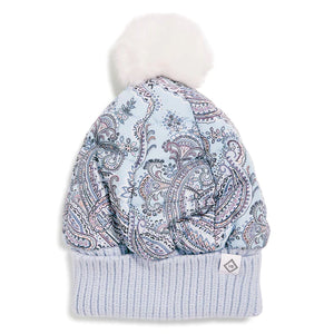Soft Sky Paisley Quilted Pom Beanie