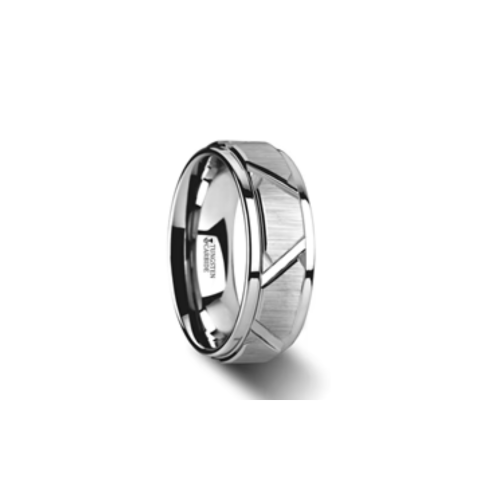 Vestige Tungsten Ring with Angle Grooves and Raised Center