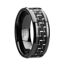Load image into Gallery viewer, TITAN Black Beveled Ceramic Ring with Silver &amp; Black Carbon Fiber Inlay