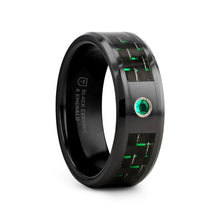 Load image into Gallery viewer, HADAR Black Ceramic Ring with Black and Green Carbon Fiber and Green Emerald