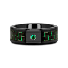 Load image into Gallery viewer, HADAR Black Ceramic Ring with Black and Green Carbon Fiber and Green Emerald