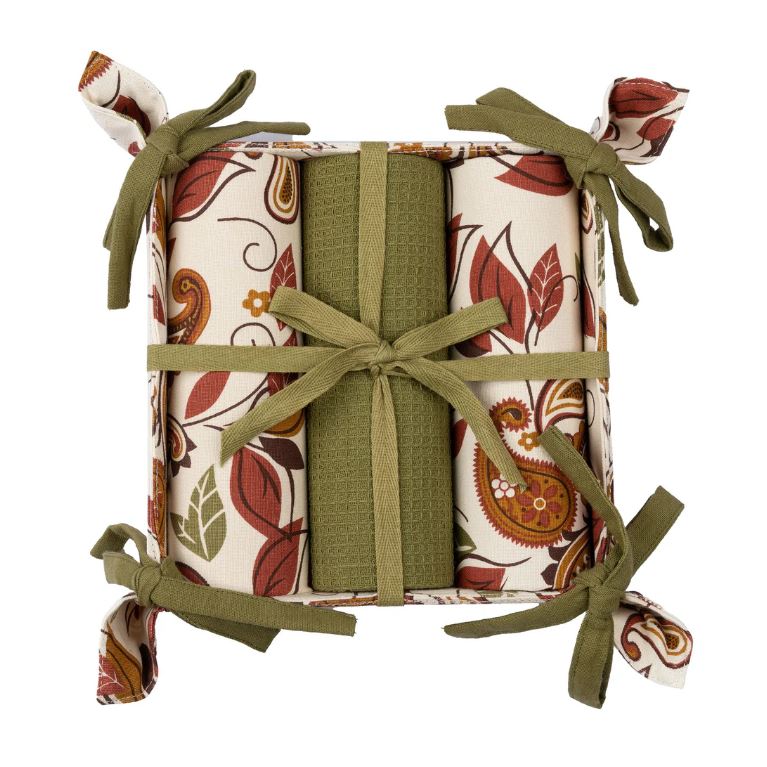 Autumn Paisely Tea Towel Bread Basket Set