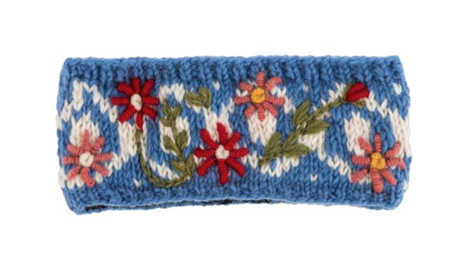 Knit Floral Headband - Blue