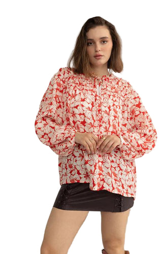 Cherry Fleur Ruffle Top - Crimson Pink