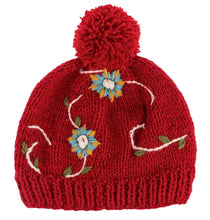 Load image into Gallery viewer, Embroidered Beanie Hat with Pom-Pom - Red