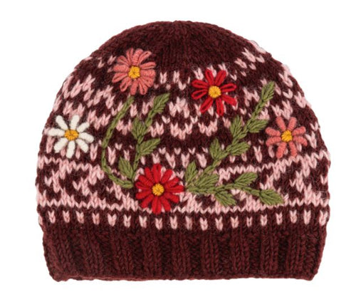 Knit Floral Beanie - Burgundy