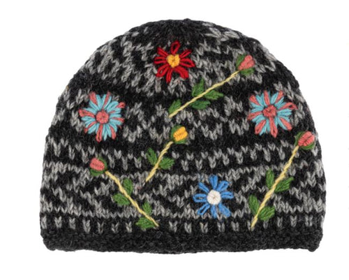 Knit Floral Beanie - Black