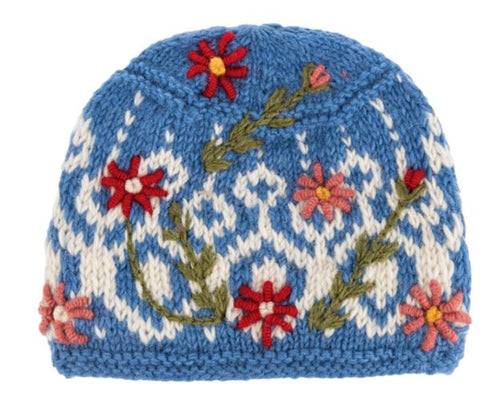 Knit Floral Beanie - Blue