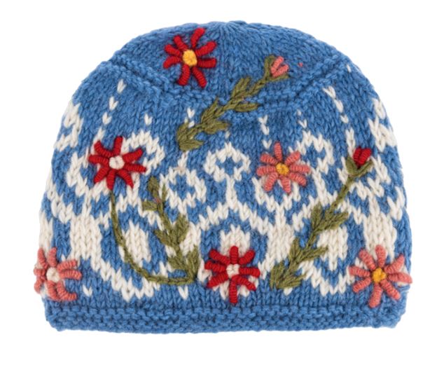 Knit Floral Beanie - Blue