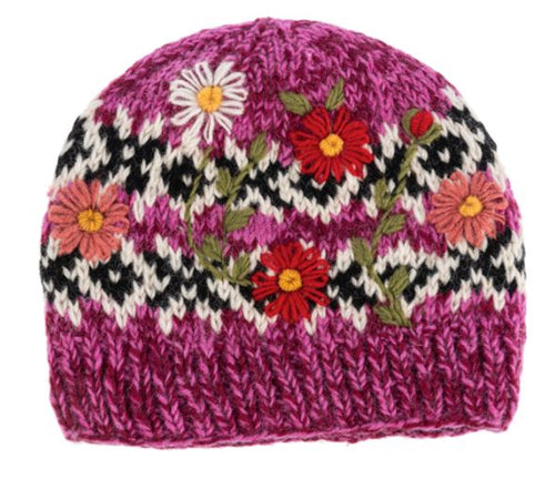 Knit Floral Beanie - Pink