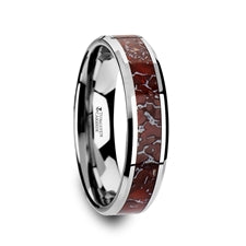 Jurassic Red Dinosaur Bone Inlaid Tungsten Carbide Beveled Edged Ring