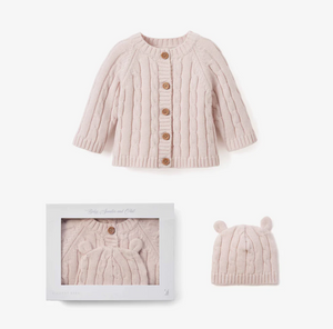 Chalk Pink Cable Knit Cardigan and Hat Gift Set