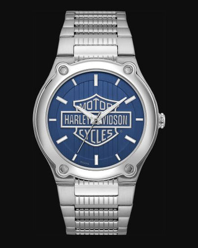 Harley Davidson Men's Blue Patterned Dial Stainless Steel Watch