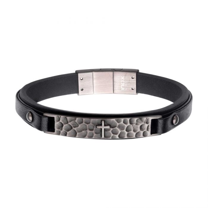 Black Leather Strapped with Cross Hammered ID Bracelet